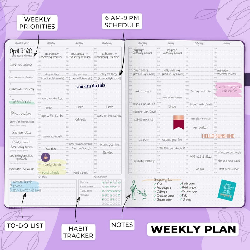 GoGirl Planner PRO Schedule - Undated Planner with Hourly Time Slots, Monthly, Weekly & Daily Organizer, Appointment Book for time Management, 7"x10" Hardcover, Lasts 1 Year - Purple - Image 3